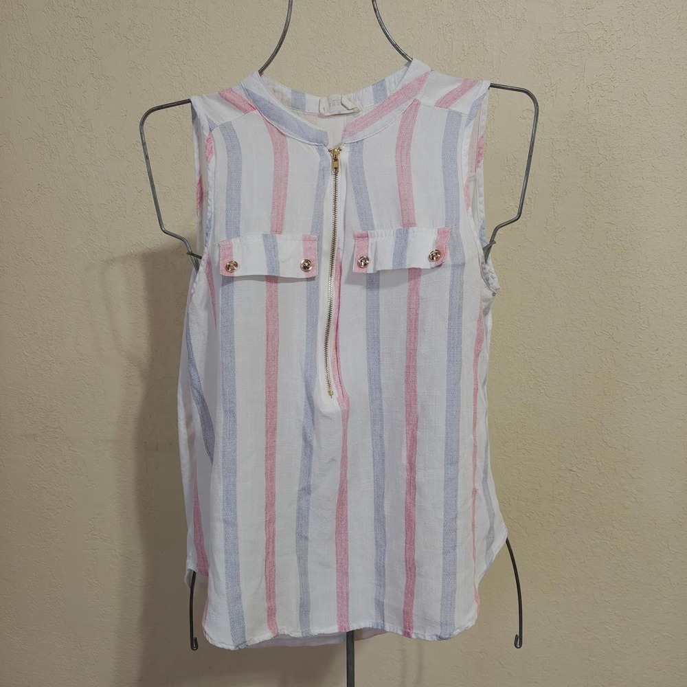 Ember Pink White Striped Sleeveless Top Gold Zipper Pockets Womens Small
